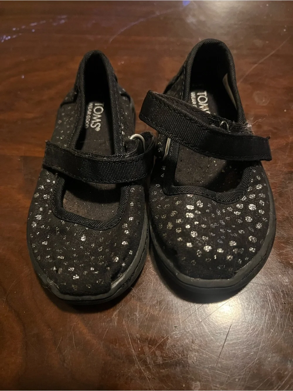 TOMS Kids Black Sparkle Hook-and-Loop Mary Janes